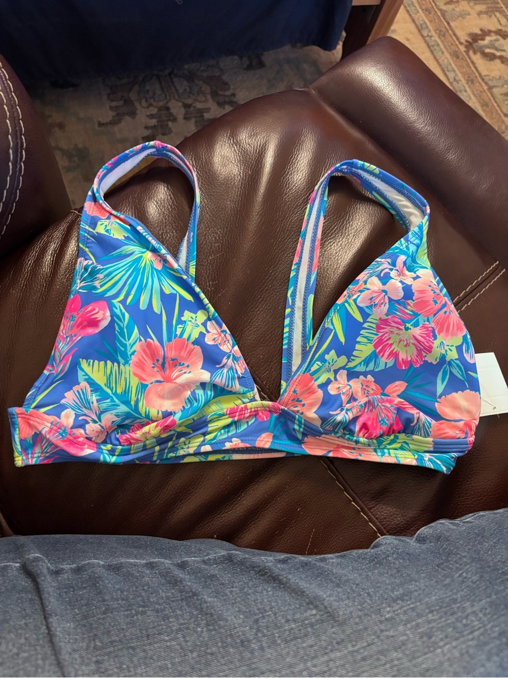 crown & ivy Blue Floral Triangle Bikini Top with Pink Accents